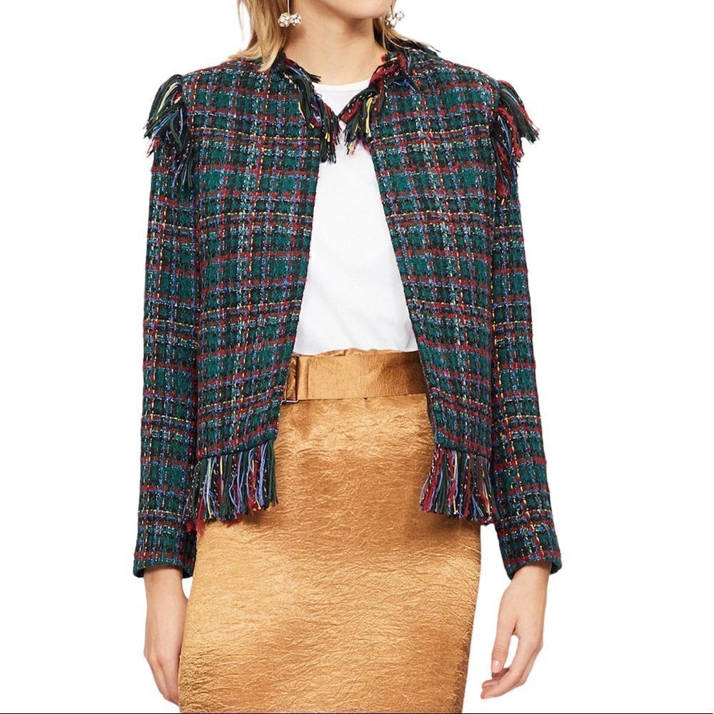 Sandro Paris Tweed Blazer Pumba Wool Plaid Fringe Multi-Colored Tweed Jacket New